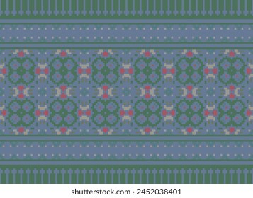 Cross Stitch pattern with Floral Designs. Traditional cross stitch needlework. Geometric Ethnic pattern, Embroidery, Textile ornamentation, fabric, Hand stitched pattern, Cultural stitching pixel art.