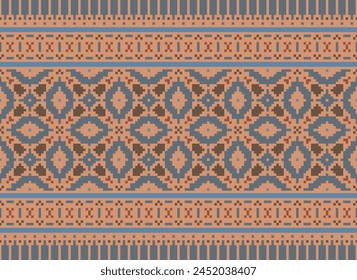 Cross Stitch pattern with Floral Designs. Traditional cross stitch needlework. Geometric Ethnic pattern, Embroidery, Textile ornamentation, fabric, Hand stitched pattern, Cultural stitching pixel art.