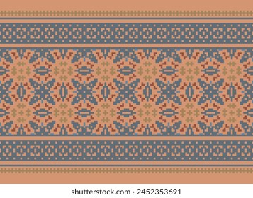 Cross Stitch pattern with Floral Designs. Traditional cross stitch needlework. Geometric Ethnic pattern, Embroidery, Textile ornamentation, fabric, Hand stitched pattern, Cultural stitching pixel art.