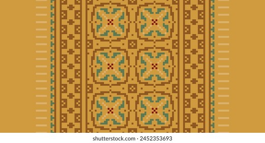 Cross Stitch pattern with Floral Designs. Traditional cross stitch needlework. Geometric Ethnic pattern, Embroidery, Textile ornamentation, fabric, Hand stitched pattern, Cultural stitching pixel art.