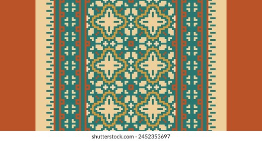 Cross Stitch pattern with Floral Designs. Traditional cross stitch needlework. Geometric Ethnic pattern, Embroidery, Textile ornamentation, fabric, Hand stitched pattern, Cultural stitching pixel art.