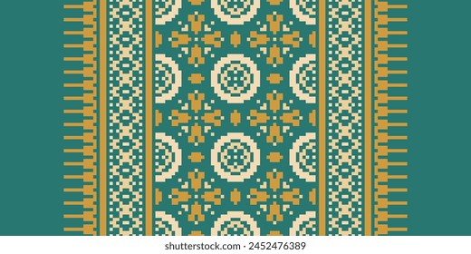 Cross Stitch pattern with Floral Designs. Traditional cross stitch needlework. Geometric Ethnic pattern, Embroidery, Textile ornamentation, fabric, Hand stitched pattern, Cultural stitching pixel art.