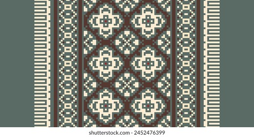 Cross Stitch pattern with Floral Designs. Traditional cross stitch needlework. Geometric Ethnic pattern, Embroidery, Textile ornamentation, fabric, Hand stitched pattern, Cultural stitching pixel art.