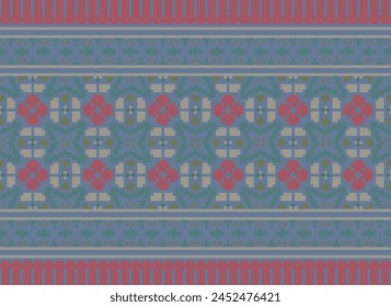 Cross Stitch pattern with Floral Designs. Traditional cross stitch needlework. Geometric Ethnic pattern, Embroidery, Textile ornamentation, fabric, Hand stitched pattern, Cultural stitching pixel art.