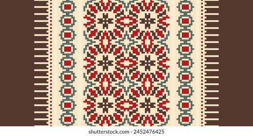 Cross Stitch pattern with Floral Designs. Traditional cross stitch needlework. Geometric Ethnic pattern, Embroidery, Textile ornamentation, fabric, Hand stitched pattern, Cultural stitching pixel art.