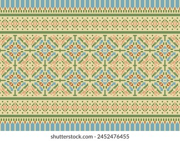 Cross Stitch pattern with Floral Designs. Traditional cross stitch needlework. Geometric Ethnic pattern, Embroidery, Textile ornamentation, fabric, Hand stitched pattern, Cultural stitching pixel art.