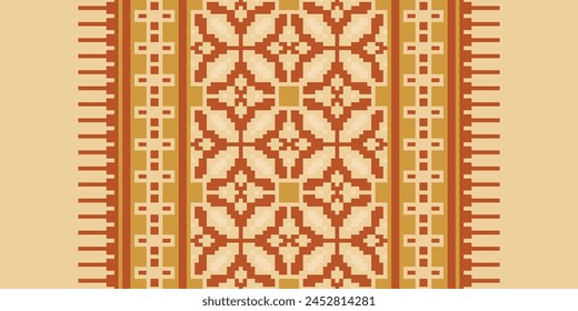 Cross Stitch pattern with Floral Designs. Traditional cross stitch needlework. Geometric Ethnic pattern, Embroidery, Textile ornamentation, fabric, Hand stitched pattern, Cultural stitching pixel art.