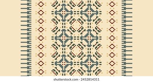 Cross Stitch pattern with Floral Designs. Traditional cross stitch needlework. Geometric Ethnic pattern, Embroidery, Textile ornamentation, fabric, Hand stitched pattern, Cultural stitching pixel art.