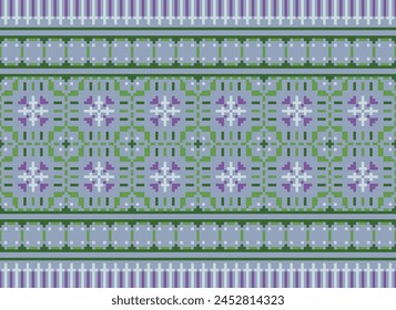 Cross Stitch pattern with Floral Designs. Traditional cross stitch needlework. Geometric Ethnic pattern, Embroidery, Textile ornamentation, fabric, Hand stitched pattern, Cultural stitching pixel art.