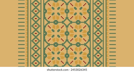 Cross Stitch pattern with Floral Designs. Traditional cross stitch needlework. Geometric Ethnic pattern, Embroidery, Textile ornamentation, fabric, Hand stitched pattern, Cultural stitching pixel art.