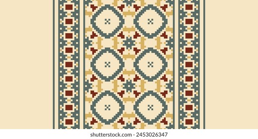 Cross Stitch pattern with Floral Designs. Traditional cross stitch needlework. Geometric Ethnic pattern, Embroidery, Textile ornamentation, fabric, Hand stitched pattern, Cultural stitching pixel art.