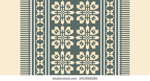 Cross Stitch pattern with Floral Designs. Traditional cross stitch needlework. Geometric Ethnic pattern, Embroidery, Textile ornamentation, fabric, Hand stitched pattern, Cultural stitching pixel art.