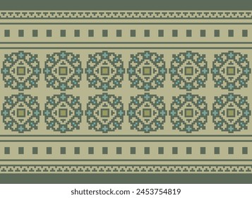 Cross Stitch pattern with Floral Designs. Traditional cross stitch needlework. Geometric Ethnic pattern, Embroidery, Textile ornamentation, fabric, Hand stitched pattern, Cultural stitching pixel art.