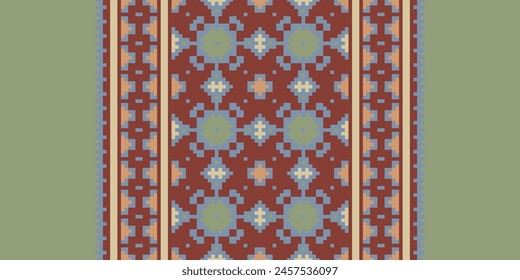 Cross Stitch pattern with Floral Designs. Traditional cross stitch needlework. Geometric Ethnic pattern, Embroidery, Textile ornamentation, fabric, Hand stitched pattern, Cultural stitching pixel art.