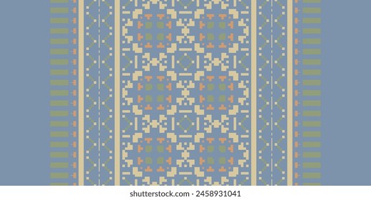 Cross Stitch pattern with Floral Designs. Traditional cross stitch needlework. Geometric Ethnic pattern, Embroidery, Textile ornamentation, fabric, Hand stitched pattern, Cultural stitching pixel art.