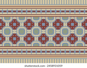 Cross Stitch pattern with Floral Designs. Traditional cross stitch needlework. Geometric Ethnic pattern, Embroidery, Textile ornamentation, fabric, Hand stitched pattern, Cultural stitching pixel art.