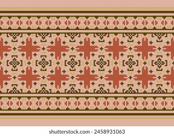 Cross Stitch pattern with Floral Designs. Traditional cross stitch needlework. Geometric Ethnic pattern, Embroidery, Textile ornamentation, fabric, Hand stitched pattern, Cultural stitching pixel art.