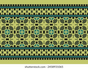 Cross Stitch pattern with Floral Designs. Traditional cross stitch needlework. Geometric Ethnic pattern, Embroidery, Textile ornamentation, fabric, Hand stitched pattern, Cultural stitching pixel art.