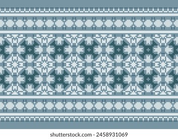 Cross Stitch pattern with Floral Designs. Traditional cross stitch needlework. Geometric Ethnic pattern, Embroidery, Textile ornamentation, fabric, Hand stitched pattern, Cultural stitching pixel art.