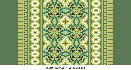 Cross Stitch pattern with Floral Designs. Traditional cross stitch needlework. Geometric Ethnic pattern, Embroidery, Textile ornamentation, fabric, Hand stitched pattern, Cultural stitching pixel art.