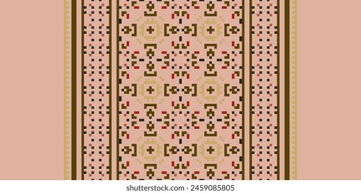 Cross Stitch pattern with Floral Designs. Traditional cross stitch needlework. Geometric Ethnic pattern, Embroidery, Textile ornamentation, fabric, Hand stitched pattern, Cultural stitching pixel art.