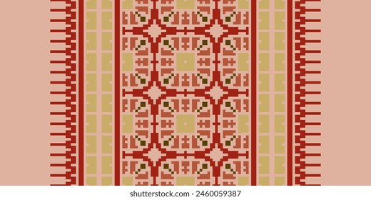 Cross Stitch pattern with Floral Designs. Traditional cross stitch needlework. Geometric Ethnic pattern, Embroidery, Textile ornamentation, fabric, Hand stitched pattern, Cultural stitching pixel art.