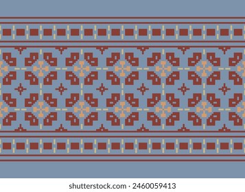 Cross Stitch pattern with Floral Designs. Traditional cross stitch needlework. Geometric Ethnic pattern, Embroidery, Textile ornamentation, fabric, Hand stitched pattern, Cultural stitching pixel art.