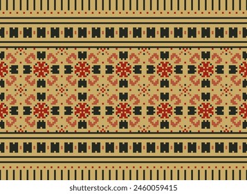 Cross Stitch pattern with Floral Designs. Traditional cross stitch needlework. Geometric Ethnic pattern, Embroidery, Textile ornamentation, fabric, Hand stitched pattern, Cultural stitching pixel art.