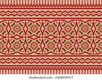 Cross Stitch pattern with Floral Designs. Traditional cross stitch needlework. Geometric Ethnic pattern, Embroidery, Textile ornamentation, fabric, Hand stitched pattern, Cultural stitching pixel art.