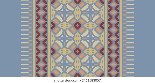 Cross Stitch pattern with Floral Designs. Traditional cross stitch needlework. Geometric Ethnic pattern, Embroidery, Textile ornamentation, fabric, Hand stitched pattern, Cultural stitching pixel art.