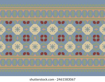 Cross Stitch pattern with Floral Designs. Traditional cross stitch needlework. Geometric Ethnic pattern, Embroidery, Textile ornamentation, fabric, Hand stitched pattern, Cultural stitching pixel art.