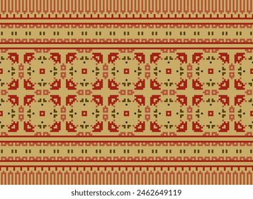 Cross Stitch pattern with Floral Designs. Traditional cross stitch needlework. Geometric Ethnic pattern, Embroidery, Textile ornamentation, fabric, Hand stitched pattern, Cultural stitching pixel art.