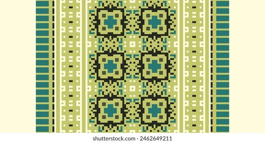 Cross Stitch pattern with Floral Designs. Traditional cross stitch needlework. Geometric Ethnic pattern, Embroidery, Textile ornamentation, fabric, Hand stitched pattern, Cultural stitching pixel art.