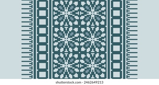 Cross Stitch pattern with Floral Designs. Traditional cross stitch needlework. Geometric Ethnic pattern, Embroidery, Textile ornamentation, fabric, Hand stitched pattern, Cultural stitching pixel art.