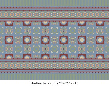 Cross Stitch pattern with Floral Designs. Traditional cross stitch needlework. Geometric Ethnic pattern, Embroidery, Textile ornamentation, fabric, Hand stitched pattern, Cultural stitching pixel art.