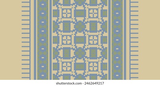 Cross Stitch pattern with Floral Designs. Traditional cross stitch needlework. Geometric Ethnic pattern, Embroidery, Textile ornamentation, fabric, Hand stitched pattern, Cultural stitching pixel art.