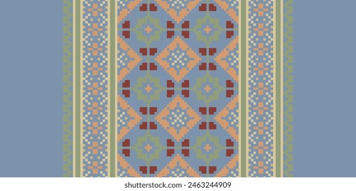 Cross Stitch pattern with Floral Designs. Traditional cross stitch needlework. Geometric Ethnic pattern, Embroidery, Textile ornamentation, fabric, Hand stitched pattern, Cultural stitching pixel art.