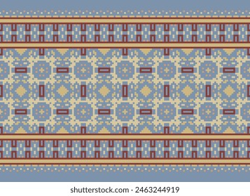 Cross Stitch pattern with Floral Designs. Traditional cross stitch needlework. Geometric Ethnic pattern, Embroidery, Textile ornamentation, fabric, Hand stitched pattern, Cultural stitching pixel art.