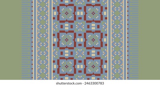 Cross Stitch pattern with Floral Designs. Traditional cross stitch needlework. Geometric Ethnic pattern, Embroidery, Textile ornamentation, fabric, Hand stitched pattern, Cultural stitching pixel art.