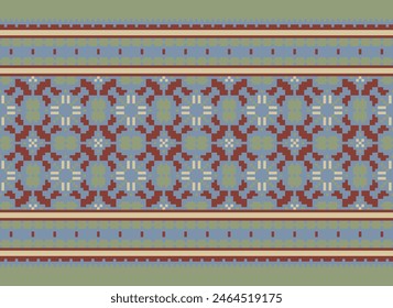 Cross Stitch pattern with Floral Designs. Traditional cross stitch needlework. Geometric Ethnic pattern, Embroidery, Textile ornamentation, fabric, Hand stitched pattern, Cultural stitching pixel art.