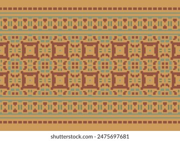 Cross Stitch Pattern With Floral Designs. Traditional Cross Stitch Needlework. Geometric Ethnic Pattern, Embroidery, Textile Ornamentation, Fabric, Hand Stitched Pattern, Cultural Stitching Pixel Art.