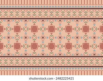 Cross Stitch pattern with Floral Designs. Traditional cross stitch needlework. Geometric Ethnic pattern, Embroidery, Textile ornamentation, fabric, Hand stitched pattern, Cultural stitching pixel art.