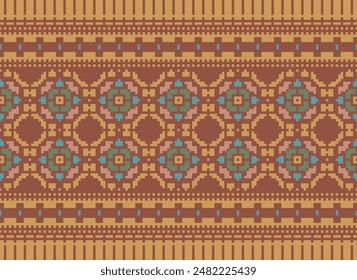 Cross Stitch pattern with Floral Designs. Traditional cross stitch needlework. Geometric Ethnic pattern, Embroidery, Textile ornamentation, fabric, Hand stitched pattern, Cultural stitching pixel art.