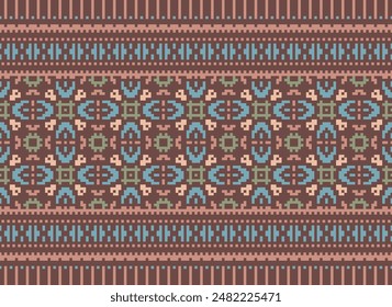 Cross Stitch pattern with Floral Designs. Traditional cross stitch needlework. Geometric Ethnic pattern, Embroidery, Textile ornamentation, fabric, Hand stitched pattern, Cultural stitching pixel art.