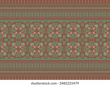 Cross Stitch pattern with Floral Designs. Traditional cross stitch needlework. Geometric Ethnic pattern, Embroidery, Textile ornamentation, fabric, Hand stitched pattern, Cultural stitching pixel art.