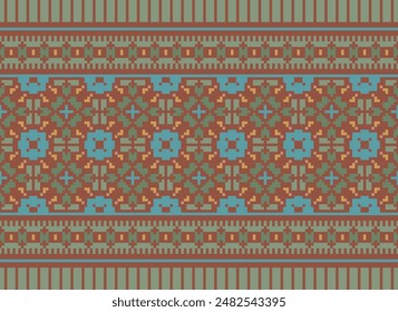 Cross Stitch pattern with Floral Designs. Traditional cross stitch needlework. Geometric Ethnic pattern, Embroidery, Textile ornamentation, fabric, Hand stitched pattern, Cultural stitching pixel art.