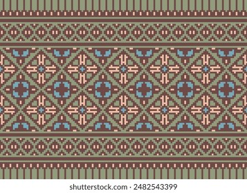 Cross Stitch pattern with Floral Designs. Traditional cross stitch needlework. Geometric Ethnic pattern, Embroidery, Textile ornamentation, fabric, Hand stitched pattern, Cultural stitching pixel art.