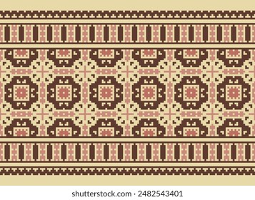 Cross Stitch pattern with Floral Designs. Traditional cross stitch needlework. Geometric Ethnic pattern, Embroidery, Textile ornamentation, fabric, Hand stitched pattern, Cultural stitching pixel art.