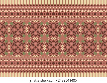 Cross Stitch pattern with Floral Designs. Traditional cross stitch needlework. Geometric Ethnic pattern, Embroidery, Textile ornamentation, fabric, Hand stitched pattern, Cultural stitching pixel art.