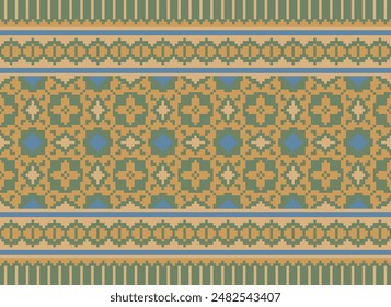 Cross Stitch pattern with Floral Designs. Traditional cross stitch needlework. Geometric Ethnic pattern, Embroidery, Textile ornamentation, fabric, Hand stitched pattern, Cultural stitching pixel art.